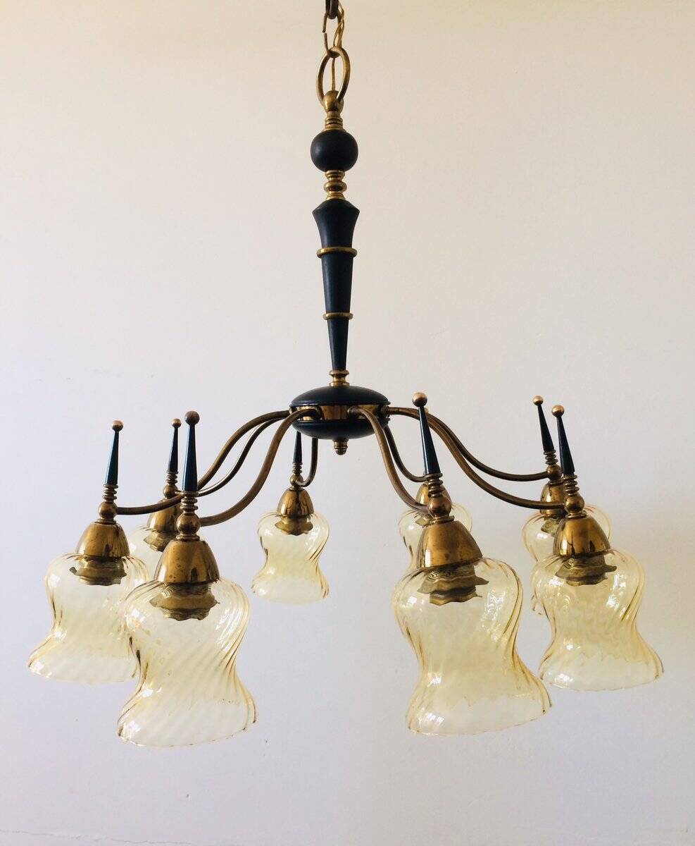Atomic Age Design Brass and Glass Chandelier, 1950s