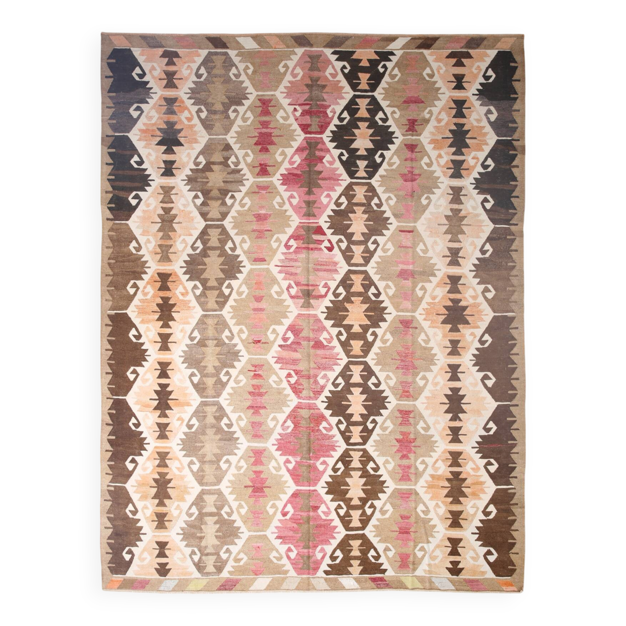 Grand tapis kilim turc vintage, décor bohème multicolore, 289x381 cm
