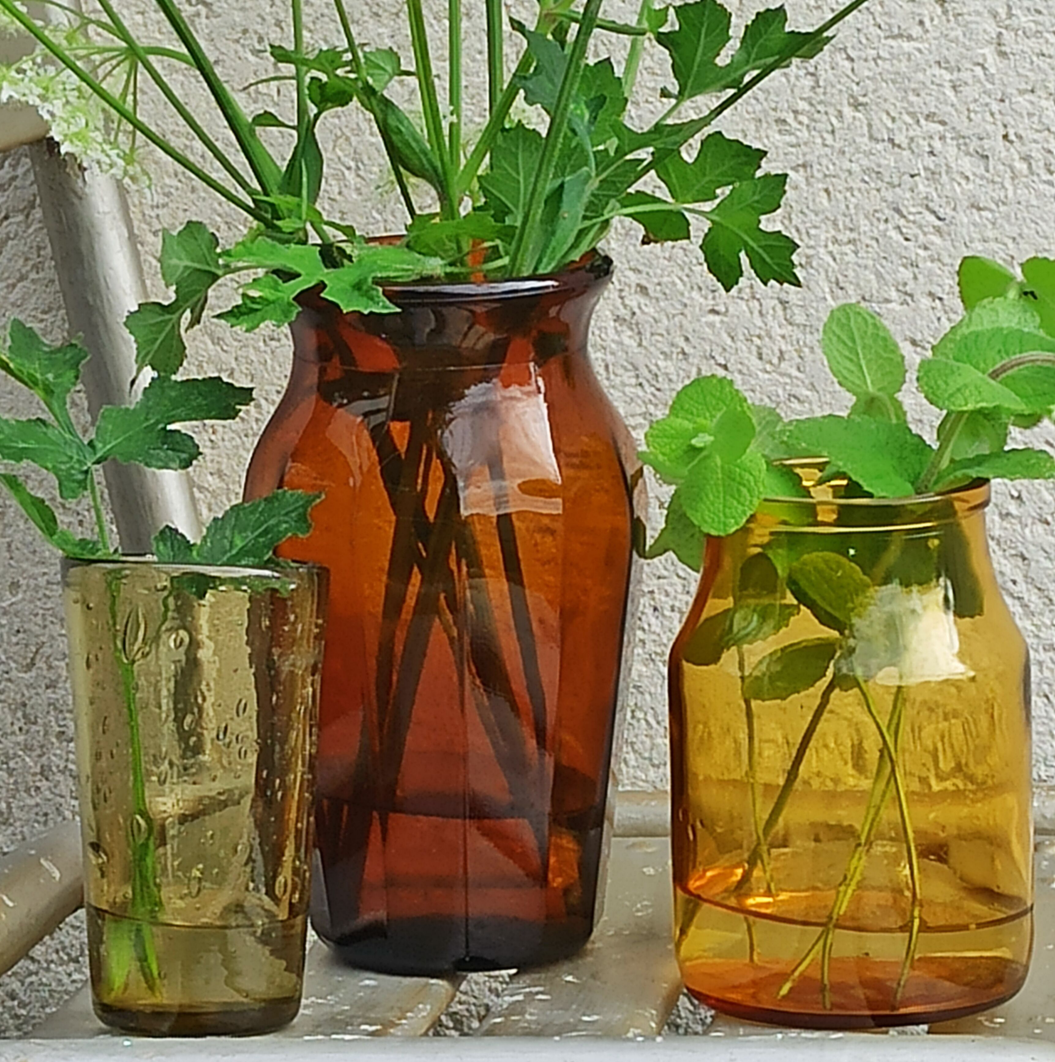 Trio amber vintage vase jar and bubbled glass
