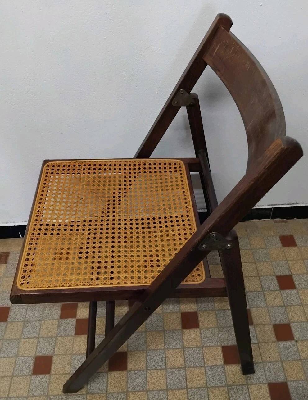 Set of 4 vintage 1970s folding chairs in wood and caning
