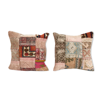 Pillow case fashioned from a vintage turkish wool cover, mid-20th century oushak patchwork cushion