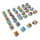 Antique wooden cube set, 40 pieces representing all the letters of the alphabet and ideograms linked to the letters