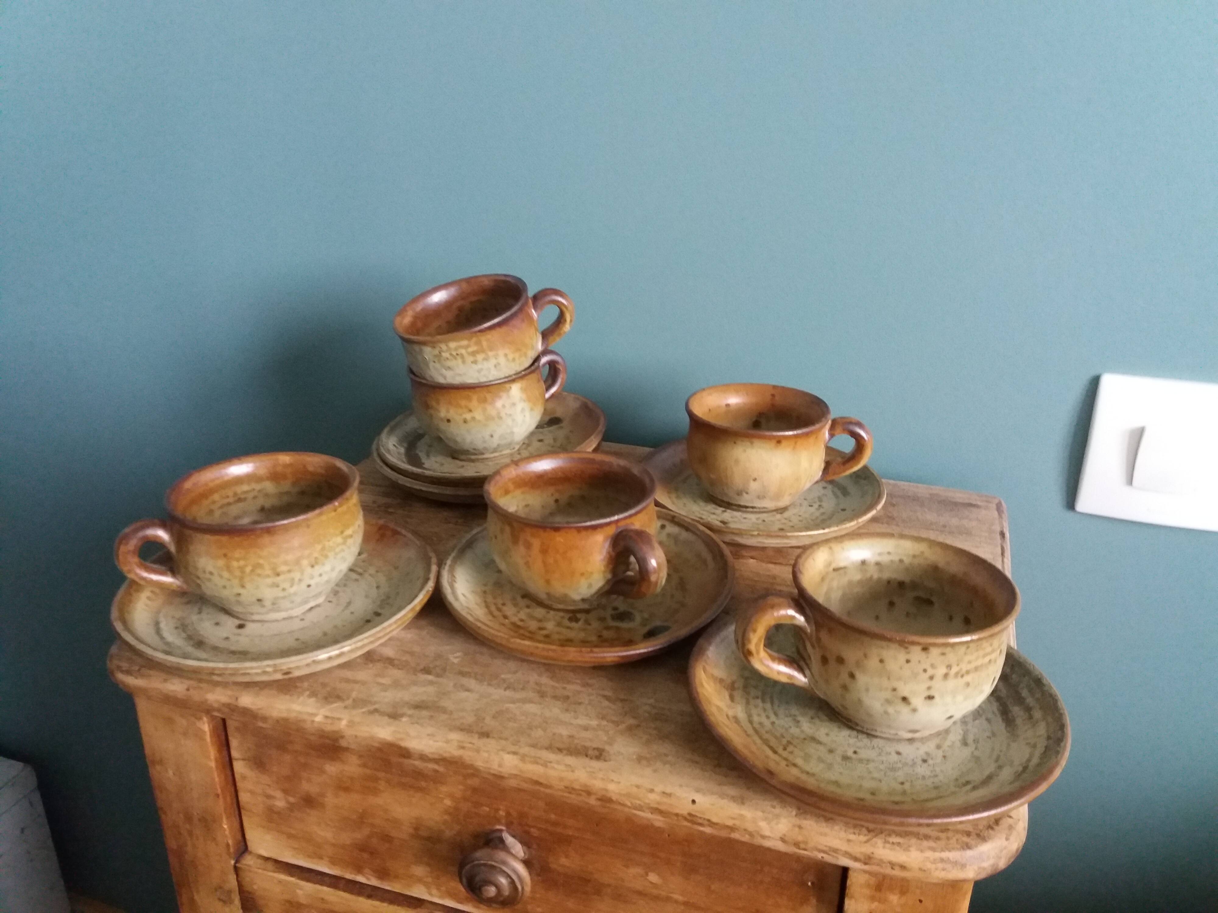 Coffee service with cups and saucers in Puisaye stoneware by Jean-Pierre Prud'homme