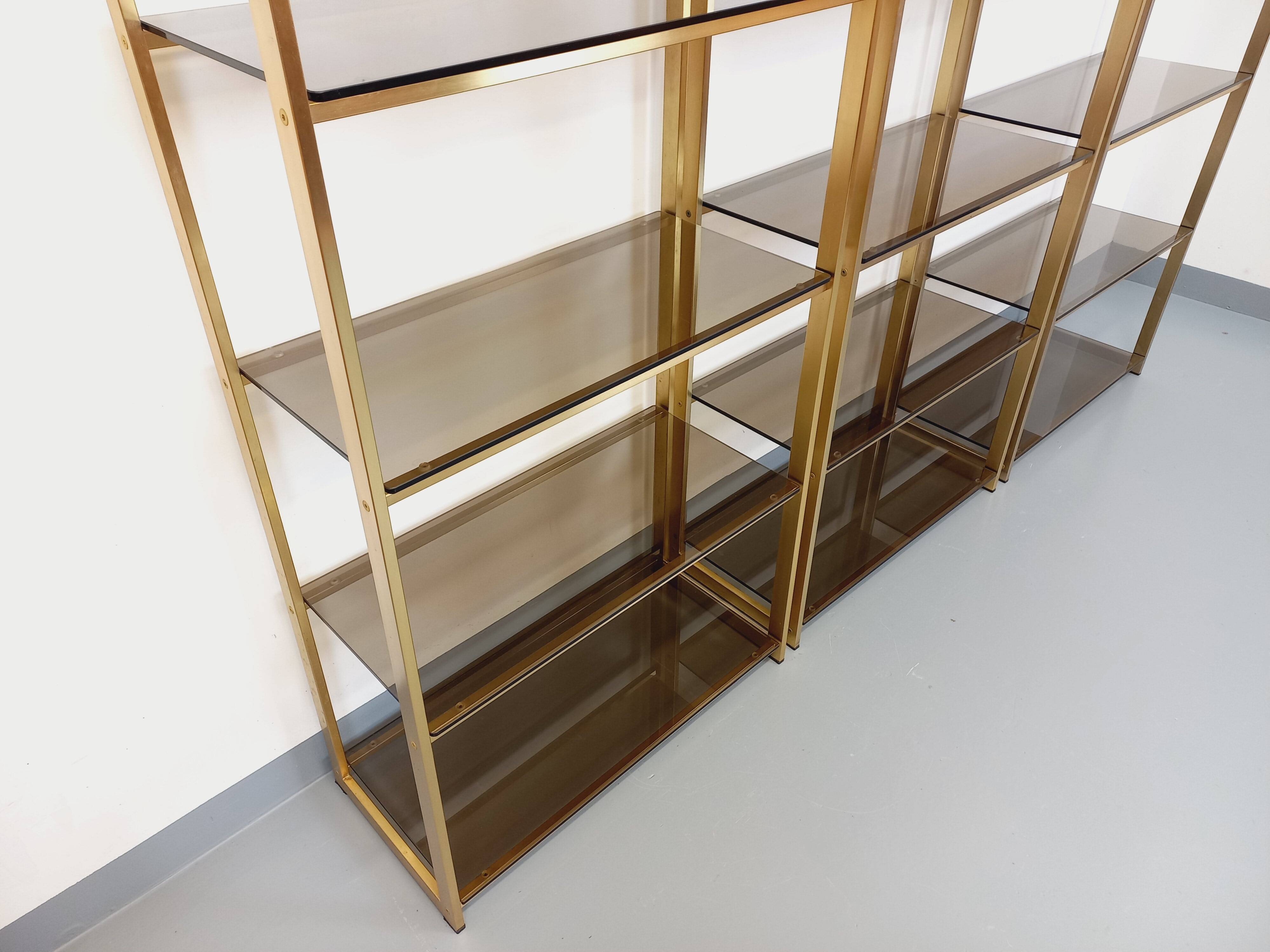 Artelano vintage bookcase shelves in gold metal smoked glass from the 70s