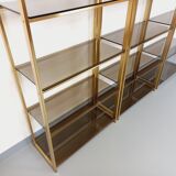 Artelano vintage bookcase shelves in gold metal smoked glass from the 70s