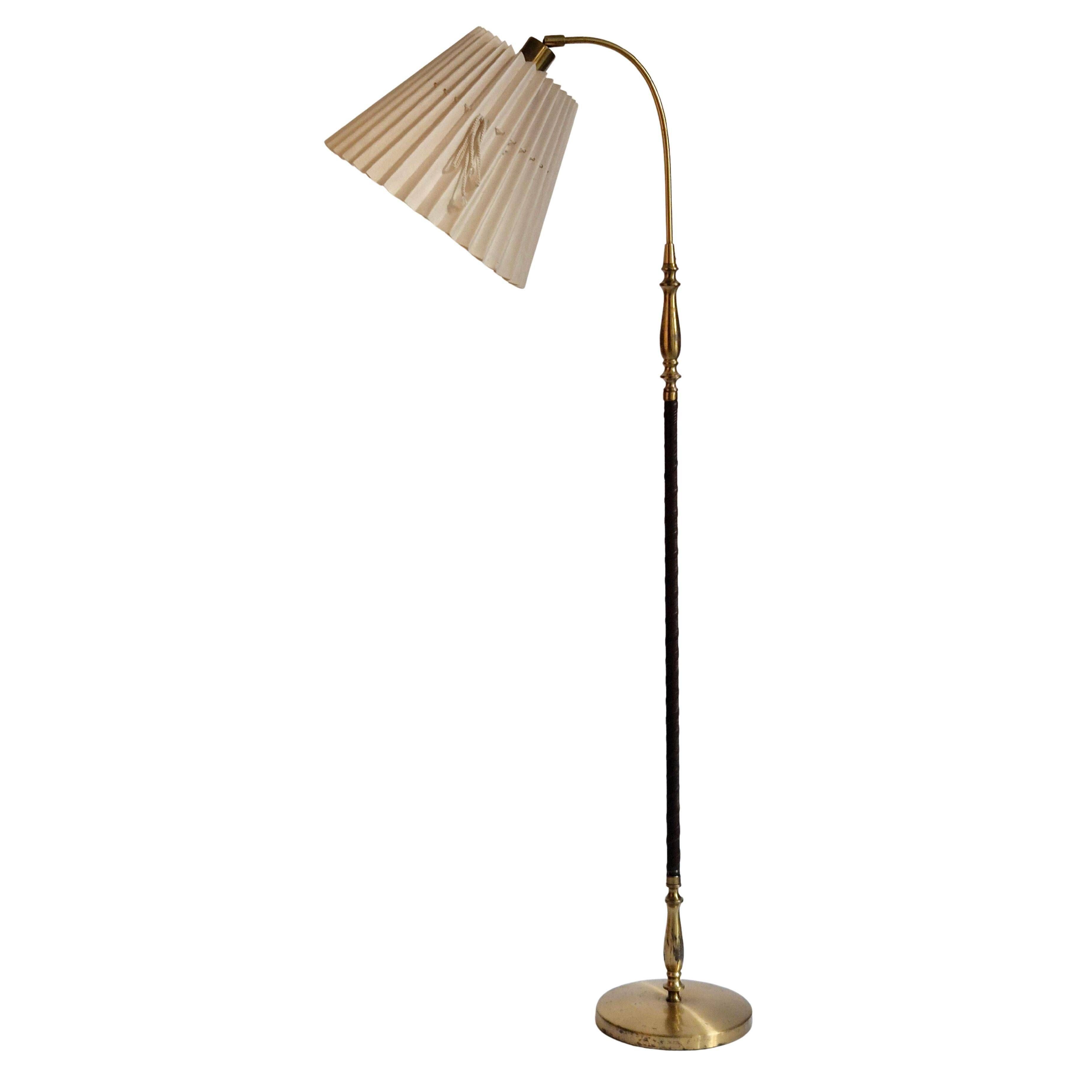 Brass floor lamp with dark brown leather trim, Swedish / Scandinavian Modernity