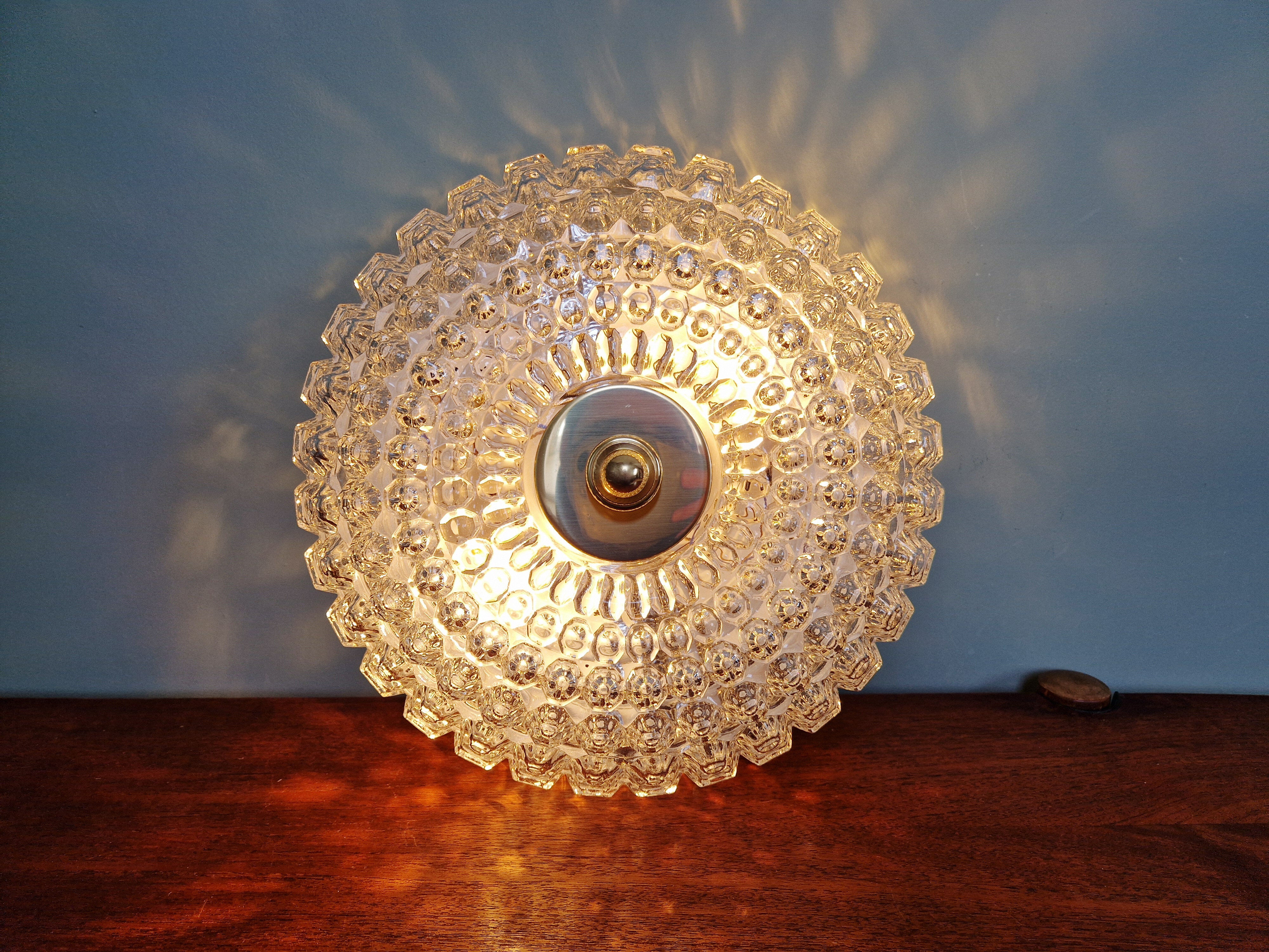 Large honeycomb glass ceiling light and brass, Glasshütte Limburg, 1970