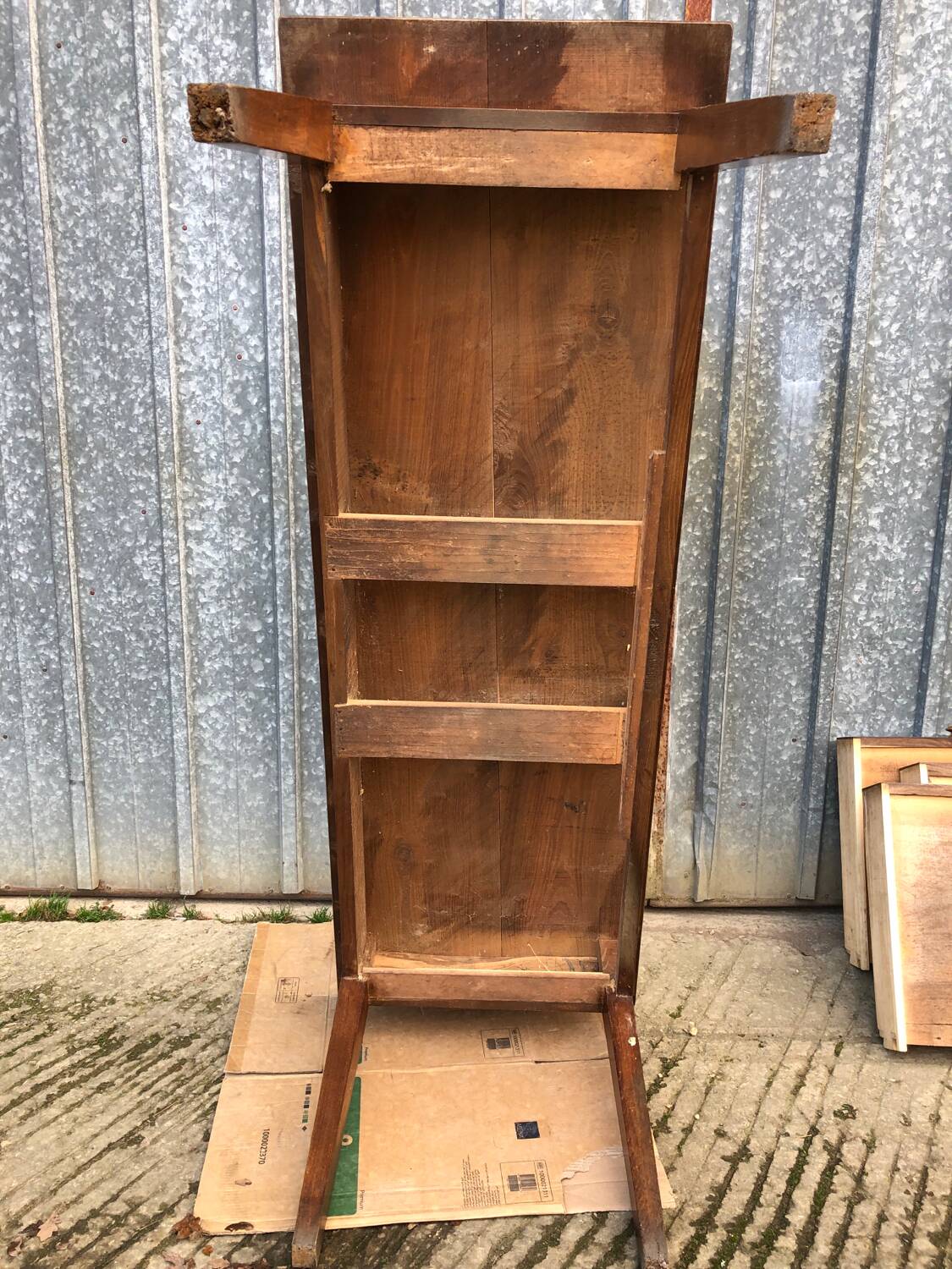 Antique chestnut farmhouse table with 3 drawers on the front.