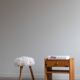 Danish mid-century tripod stool in beech, reupholstered in lambswool, 1960s.