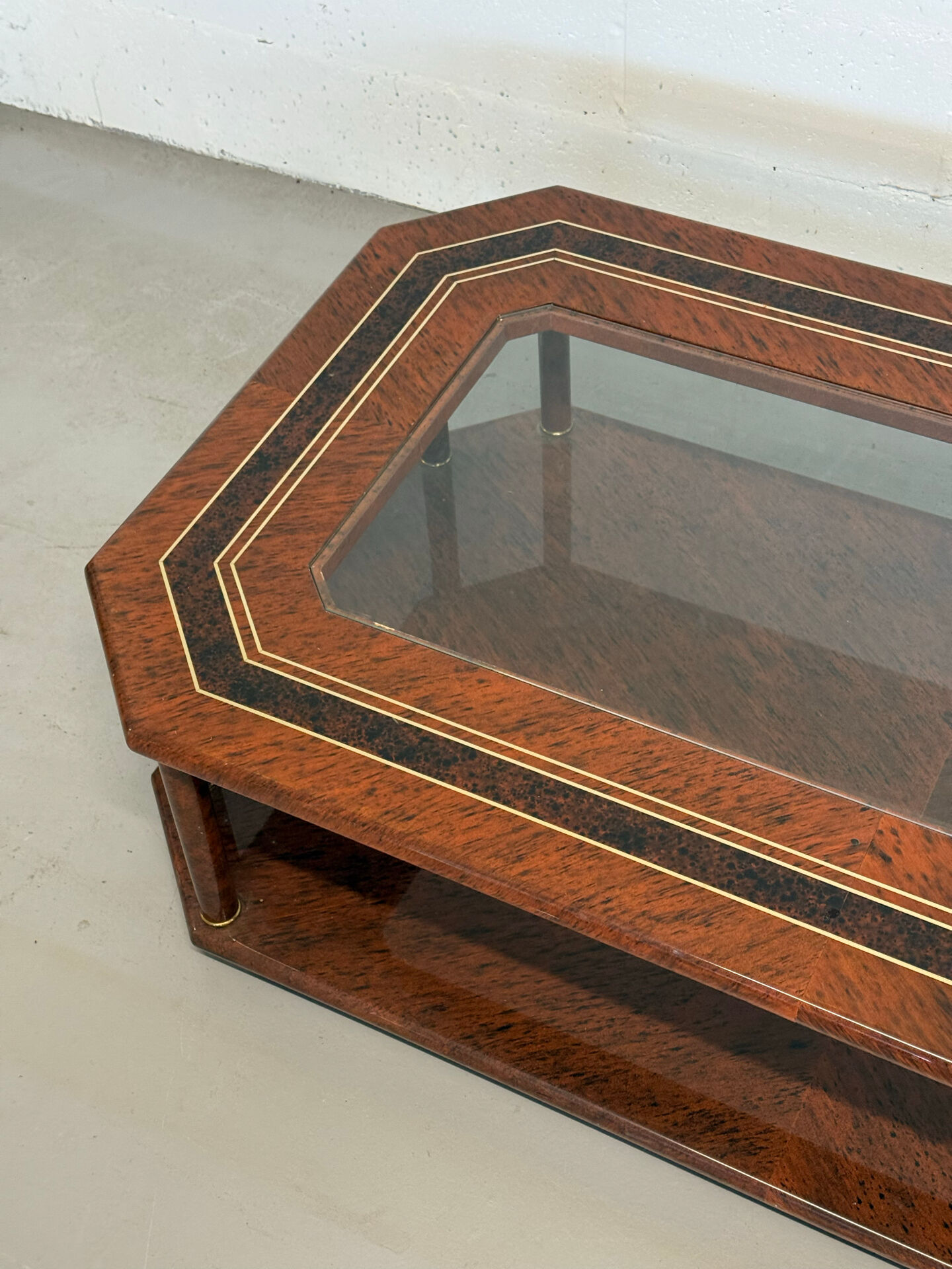 Vintage Octagonal Coffee Table — Glass Top, Brass Details & Two-Tier D