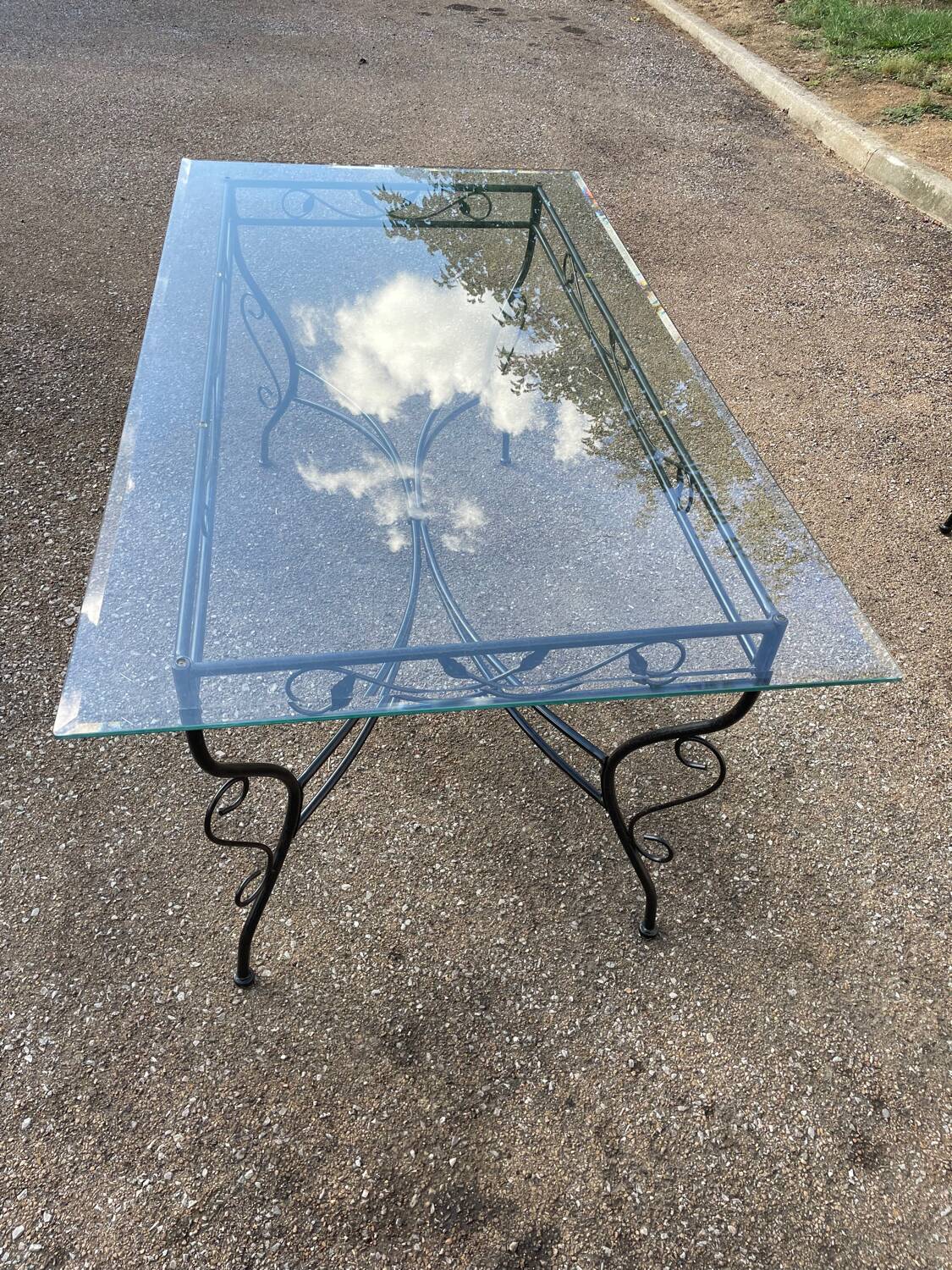 Glass and iron table with two side tables and 8 chairs