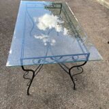 Glass and iron table with two side tables and 8 chairs