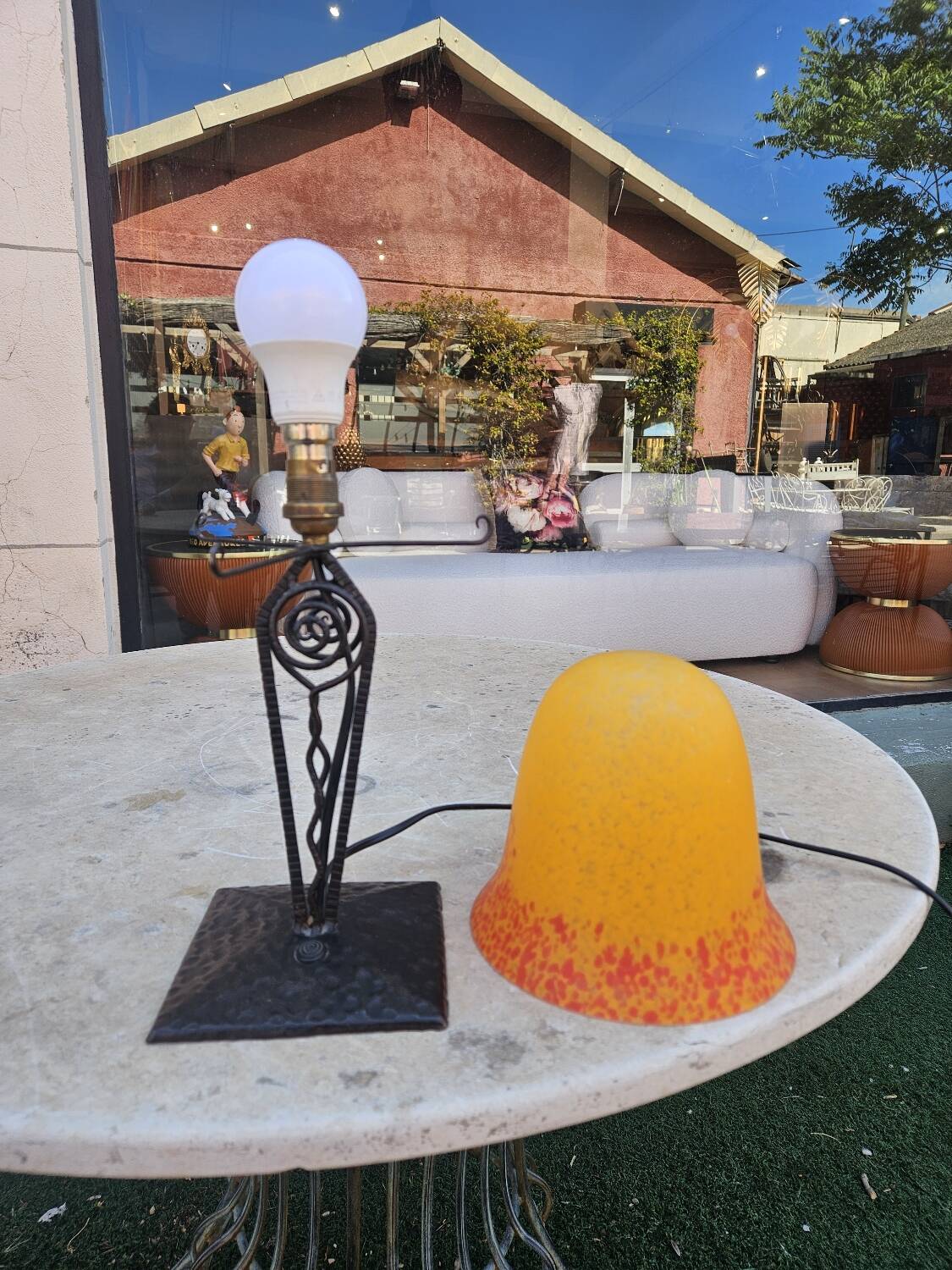 Antique art deco metal and glass lamp