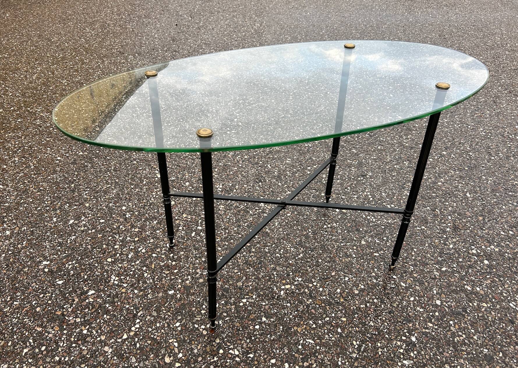 Oval glass and brass coffee table 1950