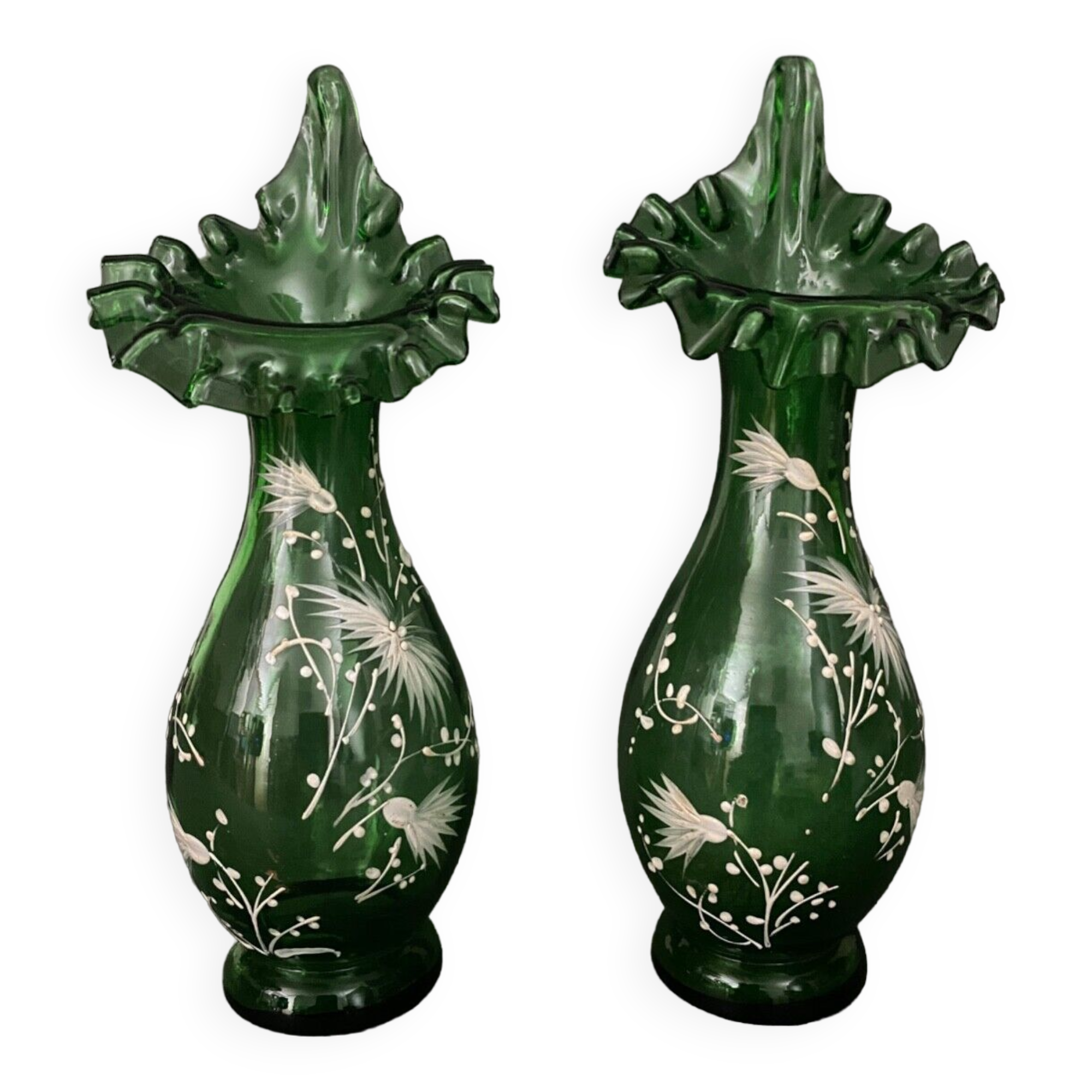 Pair of Marie Gregory vases in green floral decoration enamelled 1900