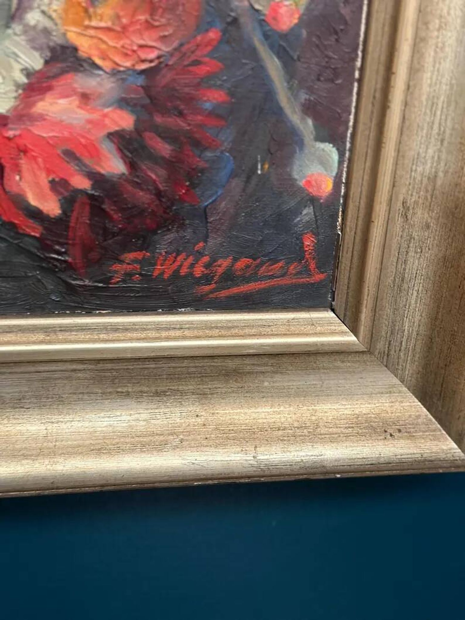 Original Still Life Oil on Canvas “Still Life with Flowers” by F. Wiegand