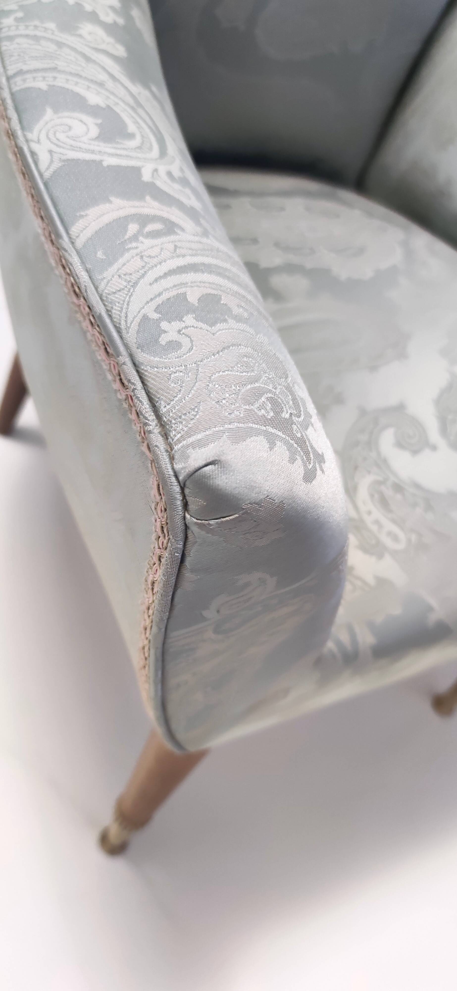 Pair of Grey Satin Lounge Chairs with Walnut Frame and Brass Feet Caps