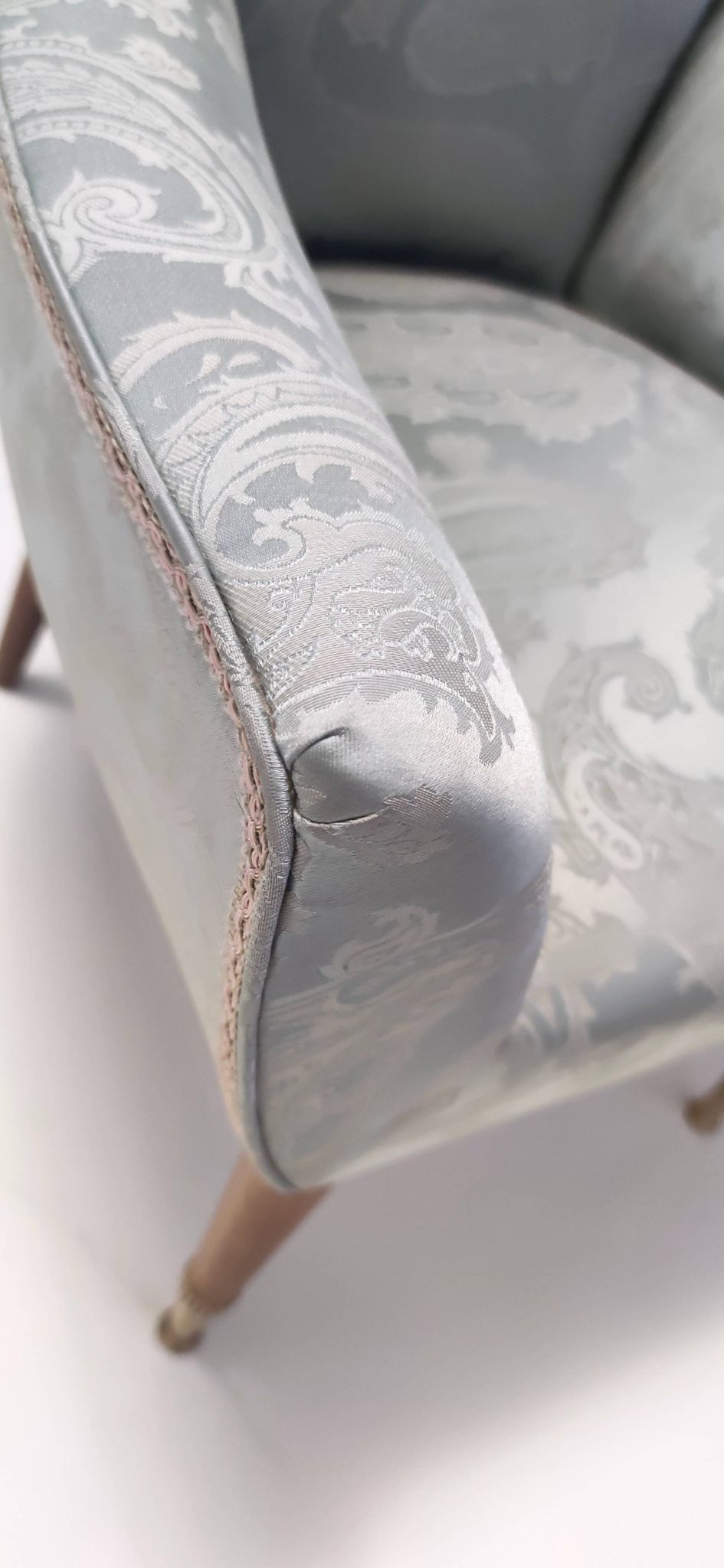Pair of Grey Satin Lounge Chairs with Walnut Frame and Brass Feet Caps