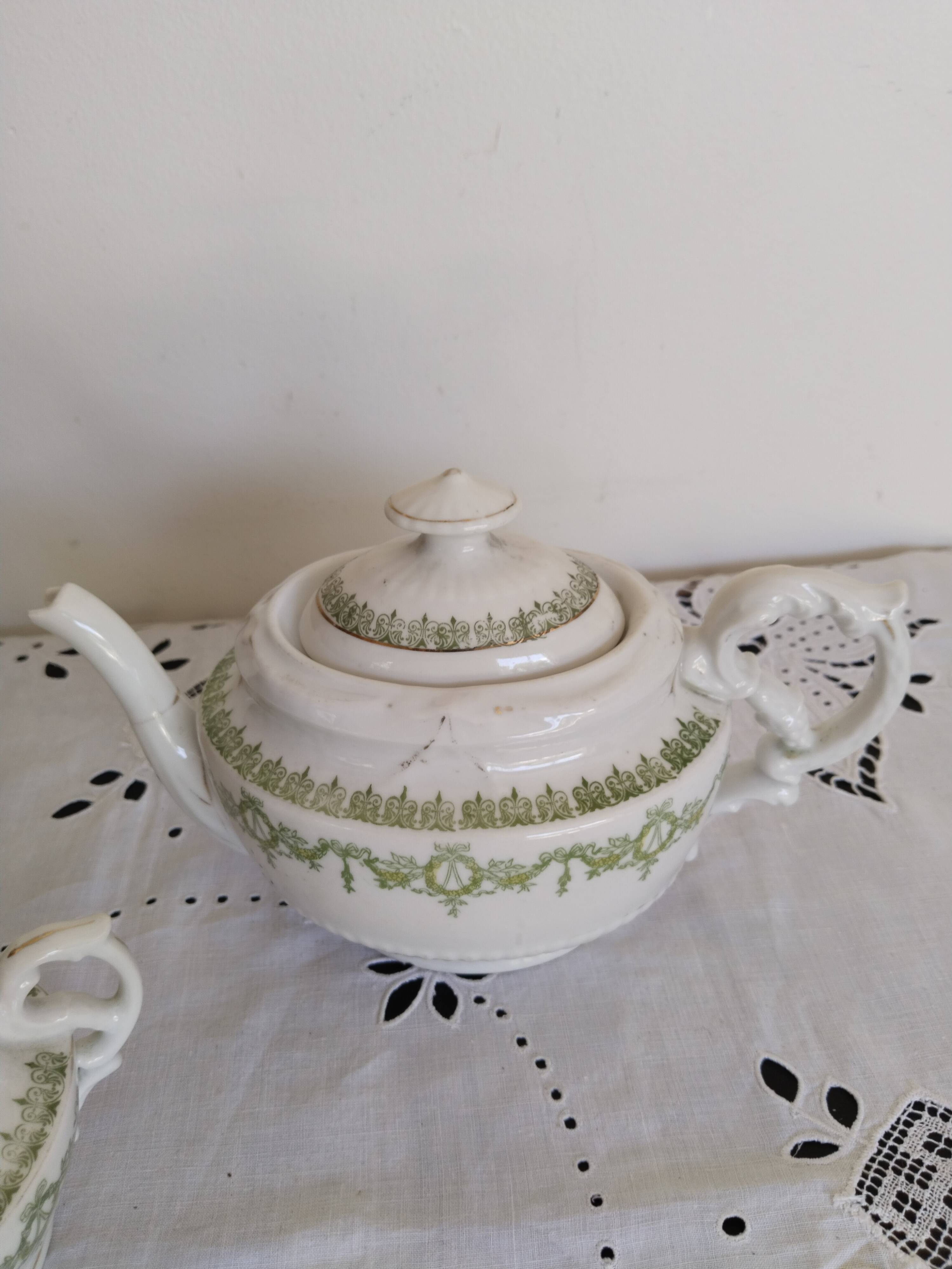English porcelain tea service, green and gold, antique