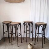 Set of 4 high bistro stools in curved wood and canework.