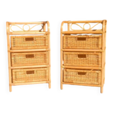 Pair of vintage bedside tables in rattan and caning – bohemian chic style