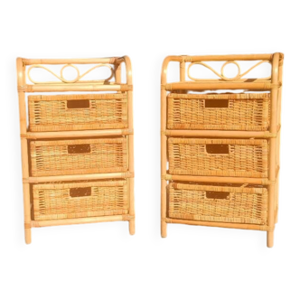 Vintage pair of bedside tables in rattan and cane – bohemian chic style