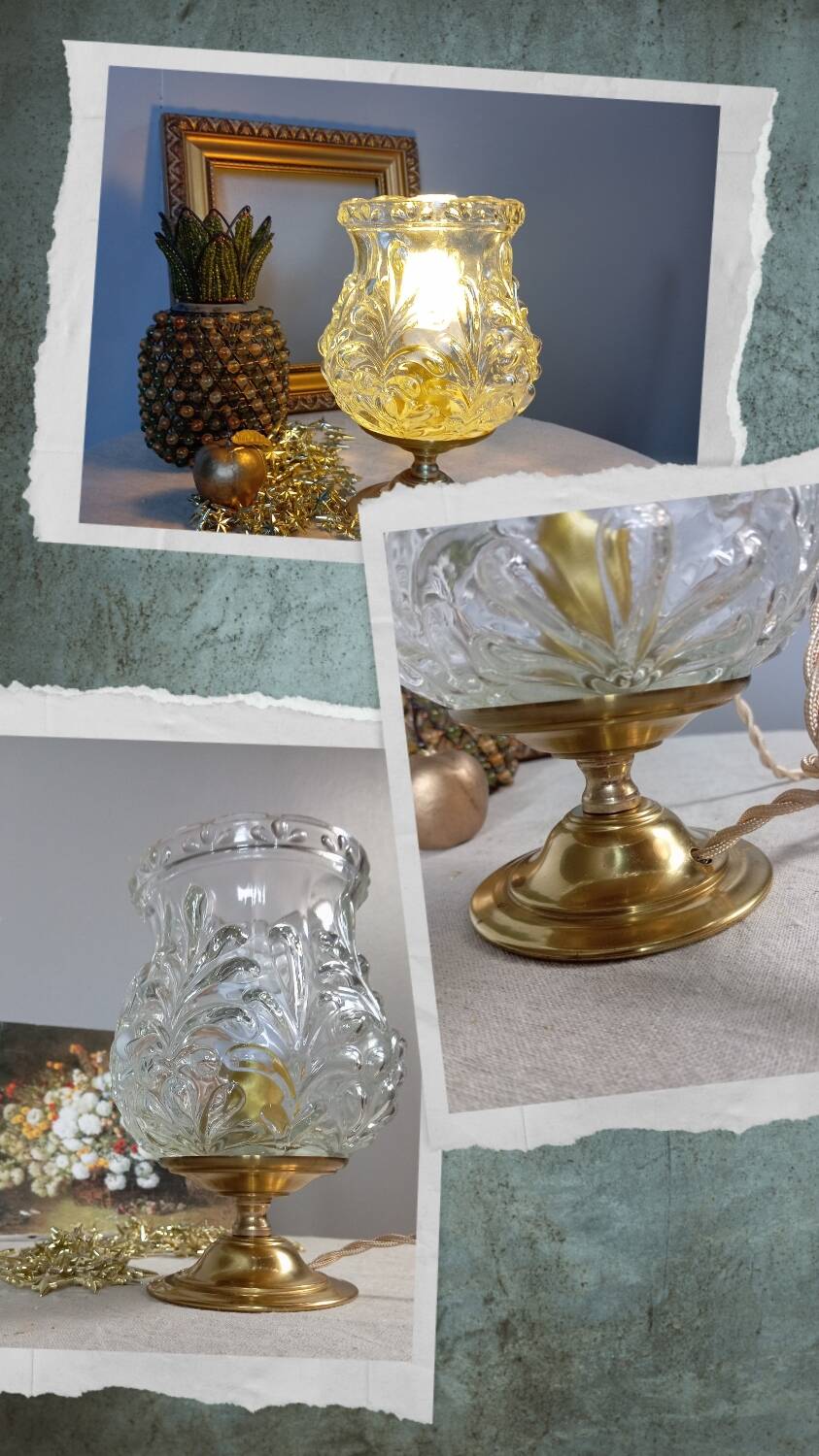 Brass foot table lamp, transparent textured molded globe, art deco style