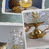 Brass foot table lamp, transparent textured molded globe, art deco style