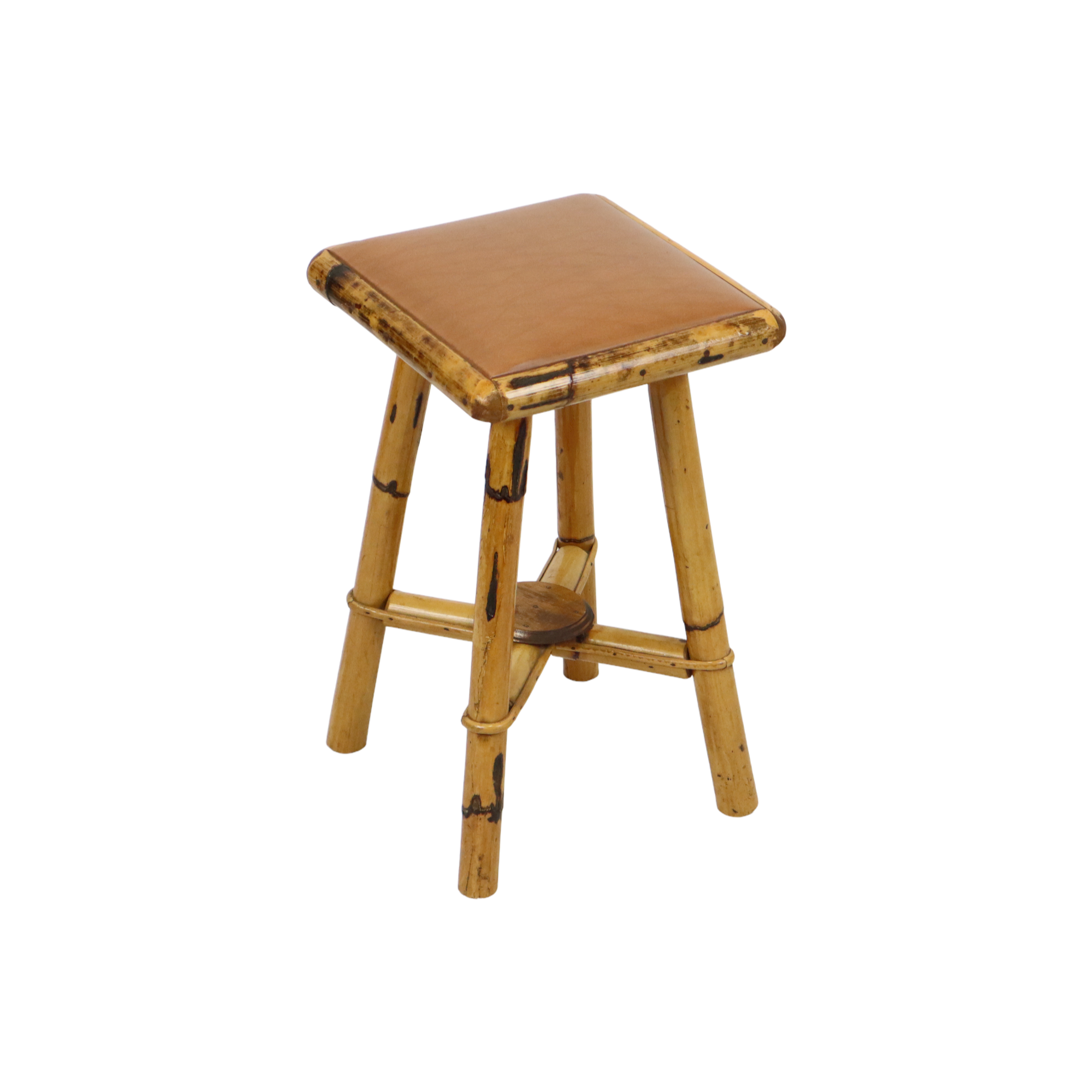 Vintage stool bamboo wood skai leather wooden tabuuret 49cm