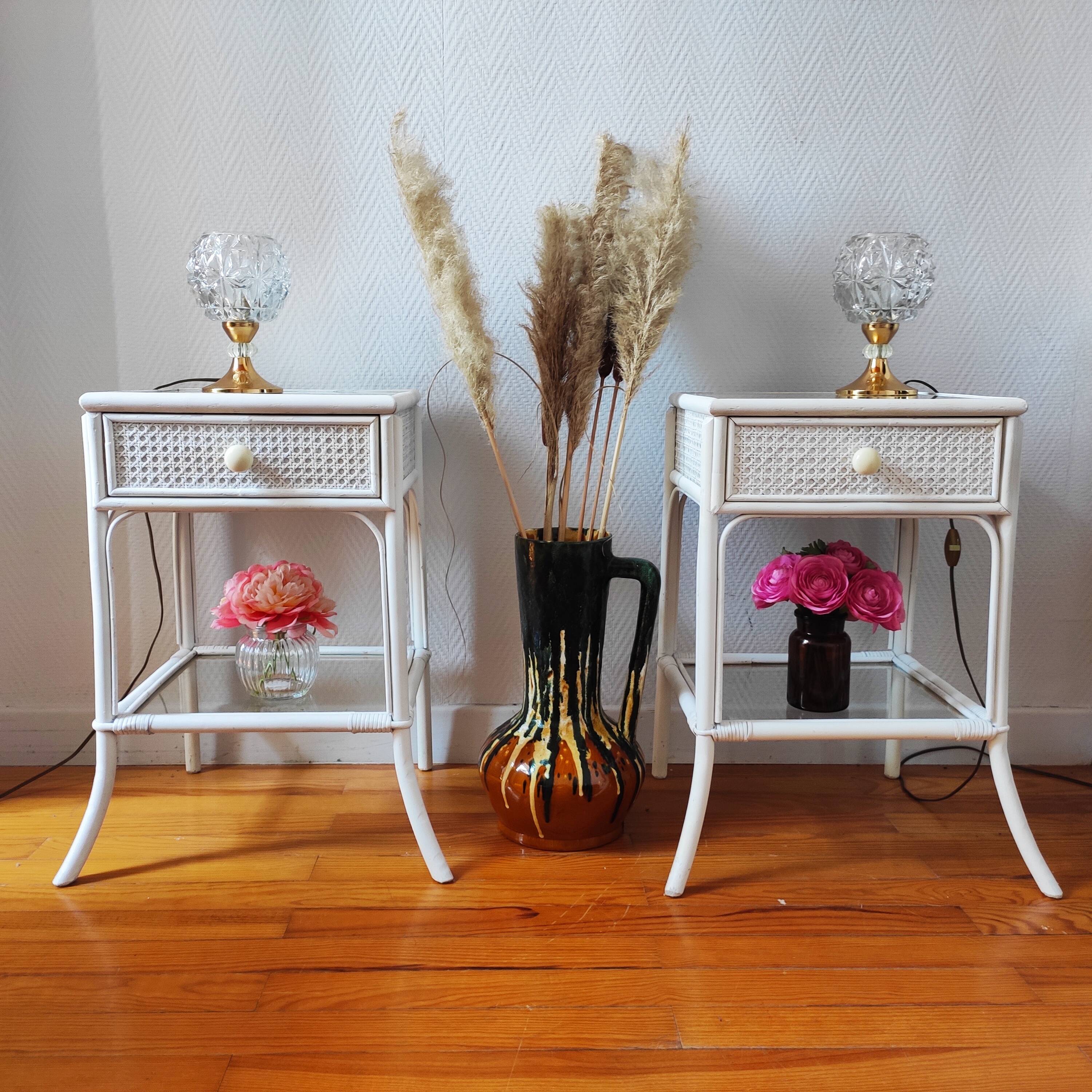 Pair of vintage 1970s rattan bedside tables