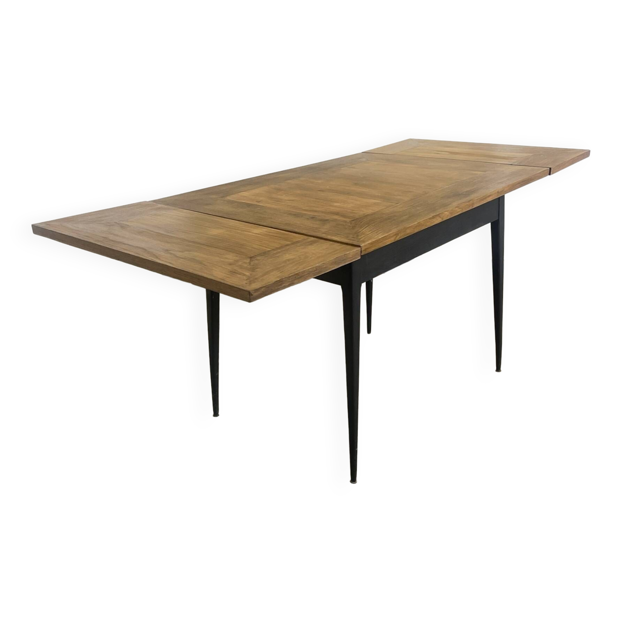 Rectangular extendable wooden table and black steel compass legs with 2 extensions France