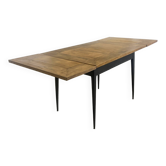 Rectangular extendable wooden table and black steel compass legs with 2 extensions France