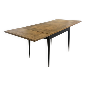 Rectangular extendable wooden table and black steel compass legs with 2 extensions France