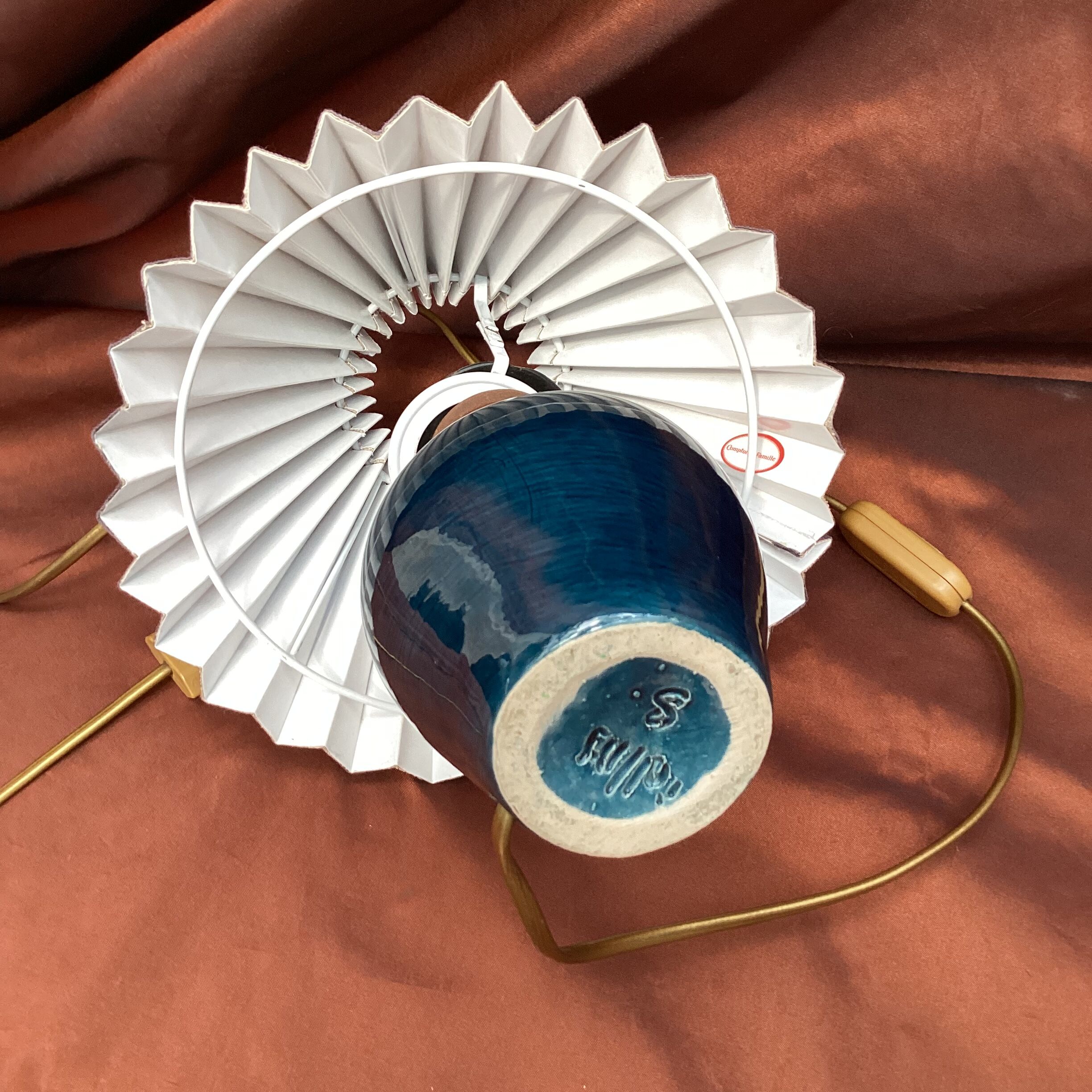 Ceramic lamp signed with pleated lampshade