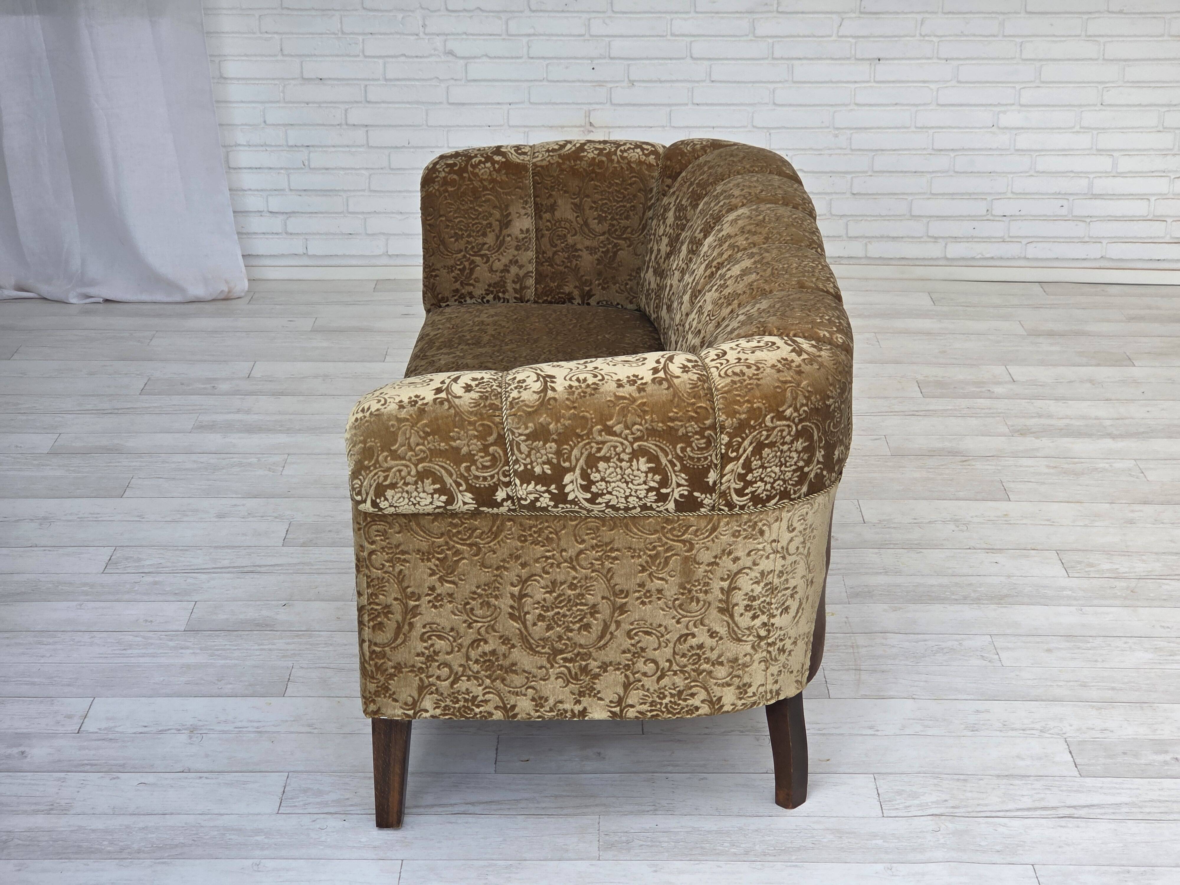 1960s, 3-seater Danish sofa, green furniture velour, ash wood legs.