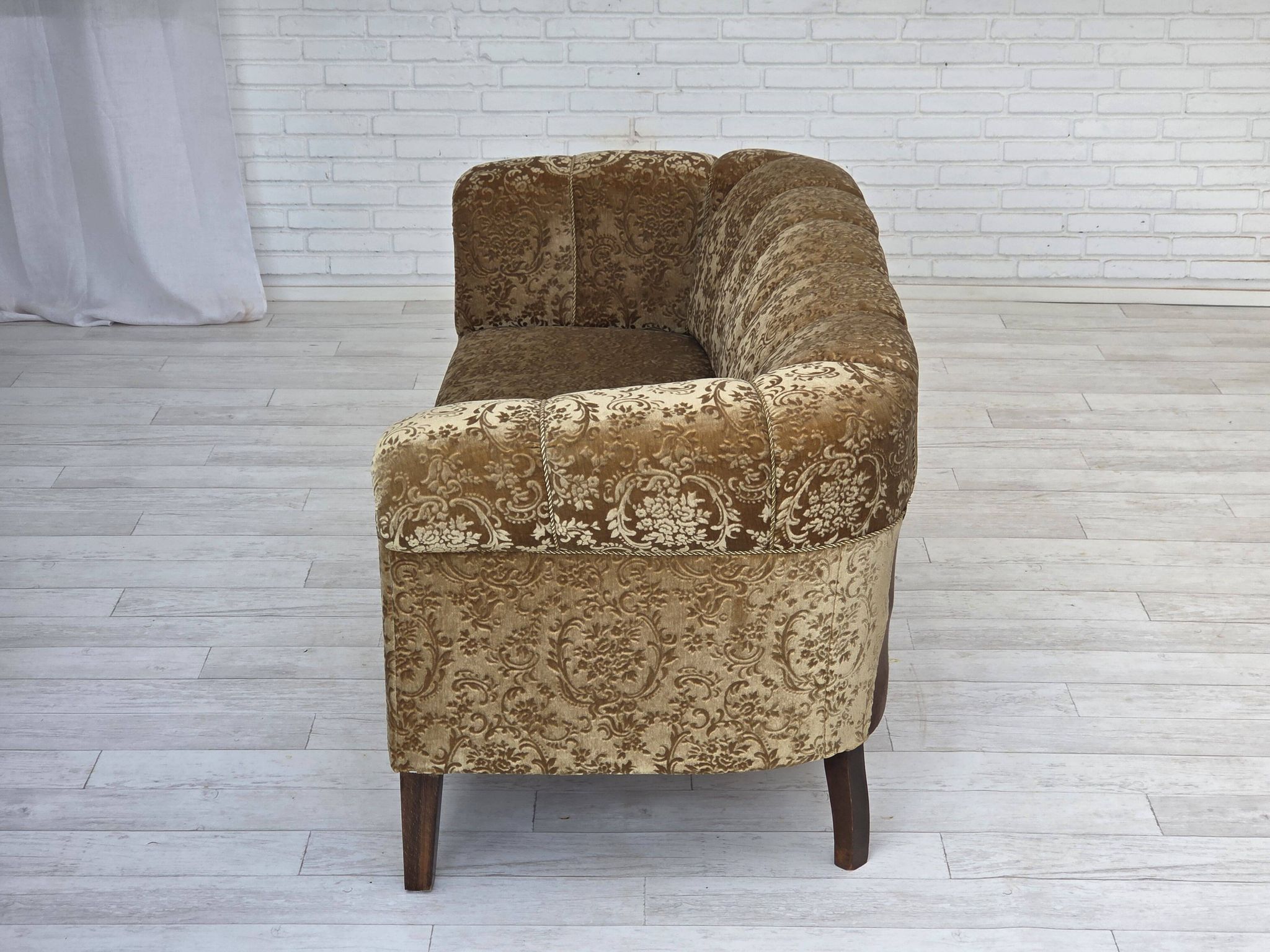 1960s, 3-seater Danish sofa, green furniture velour, ash wood legs.
