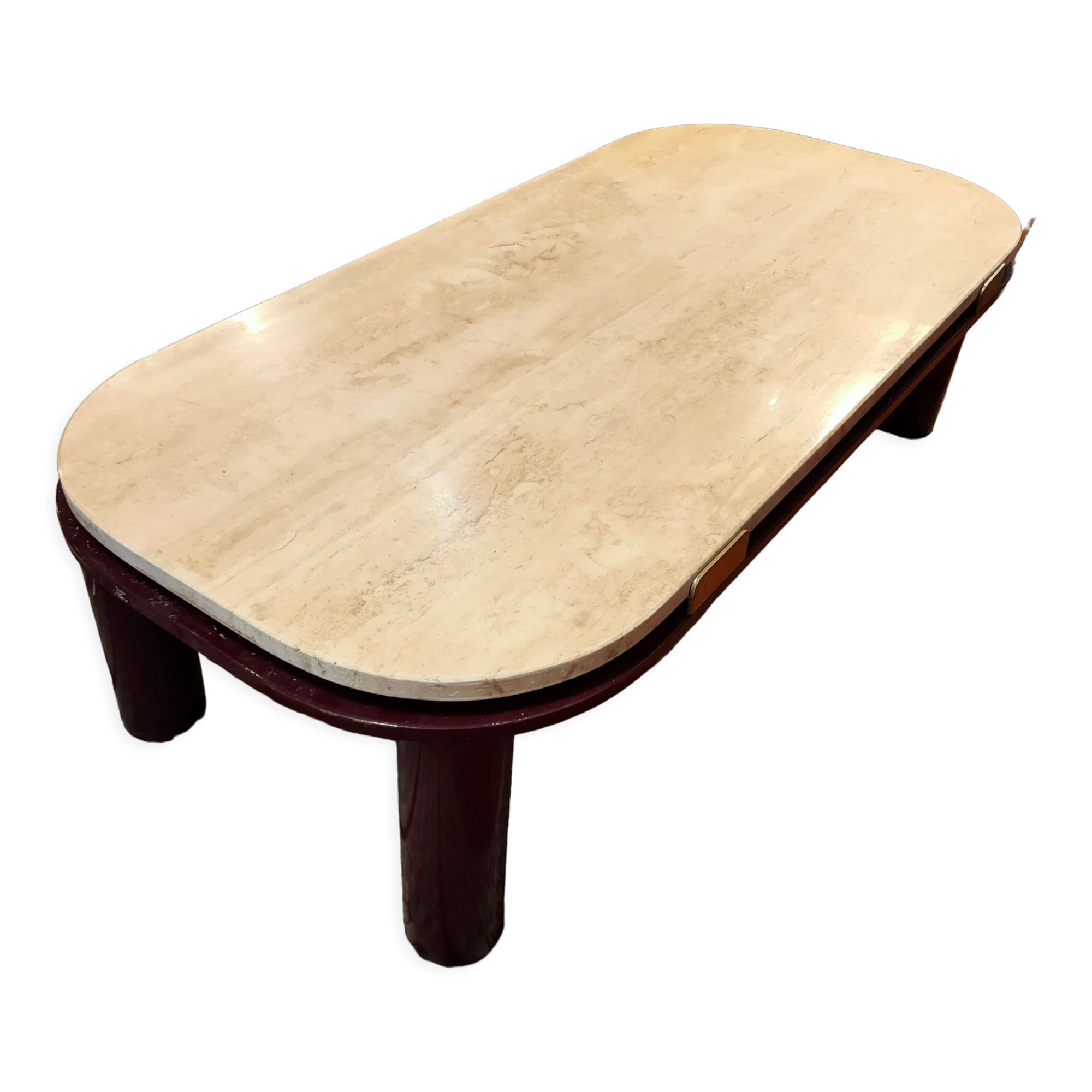 Coffee table Travertine top, garnet-colored metal stand and legs.  Long