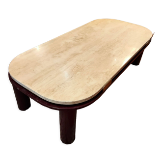Coffee table Travertine top, garnet-colored metal stand and legs.  Long