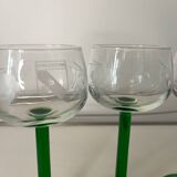 Set of 4 antique Alsace wine glasses, green stem and engraved decoration