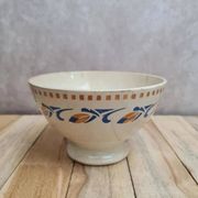Bol ancien en terre de fer décor bleu et ocre vintage