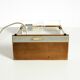1960s Temde table lamp with a brass frame, teak base, and green lampshade