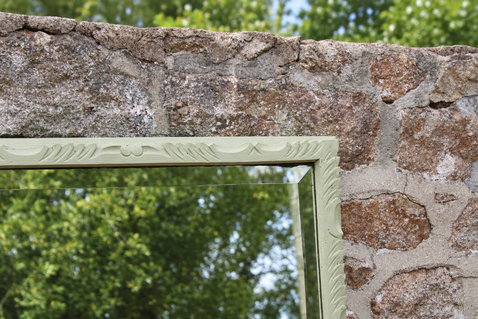 Large antique bevelled mirror in carved solid wood, green lizard – 129 × 75