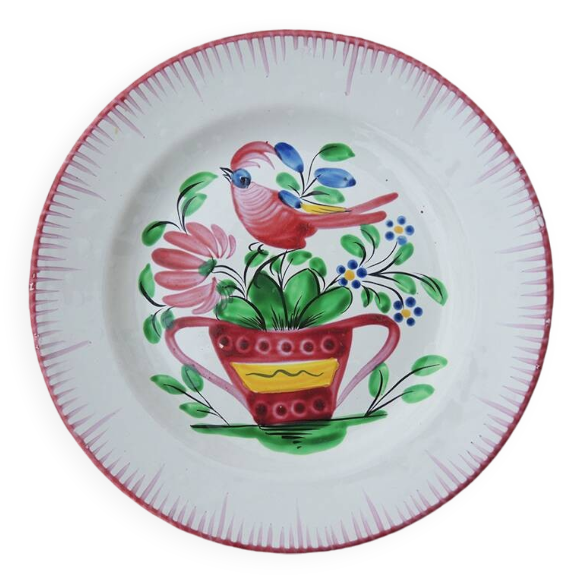 Antique Hand Painted Earthenware Flat Plate - Rooster on Basket of Flowers