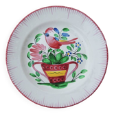 Antique Hand Painted Earthenware Flat Plate - Rooster on Basket of Flowers