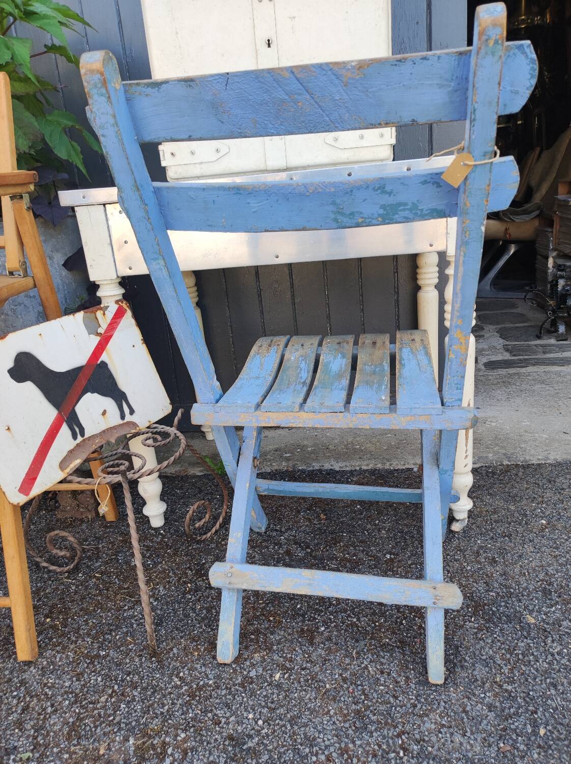 Vintage blue garden chair, wooden and folding