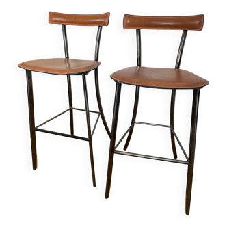 2 arrben bar stools in natural leather and brushed metal