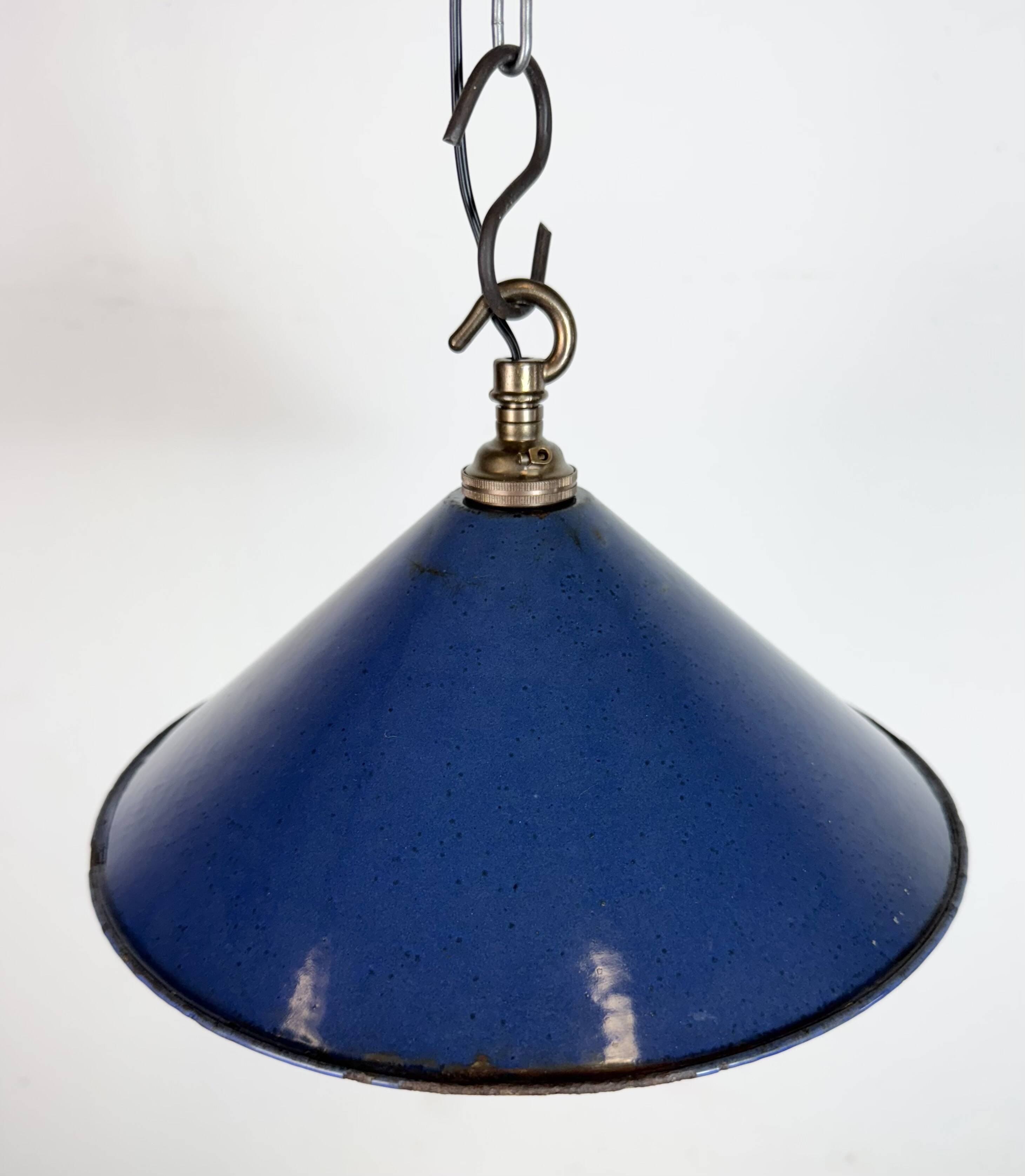 Industrial British Blue Enamel Factory Pendant Lamp, 1950s