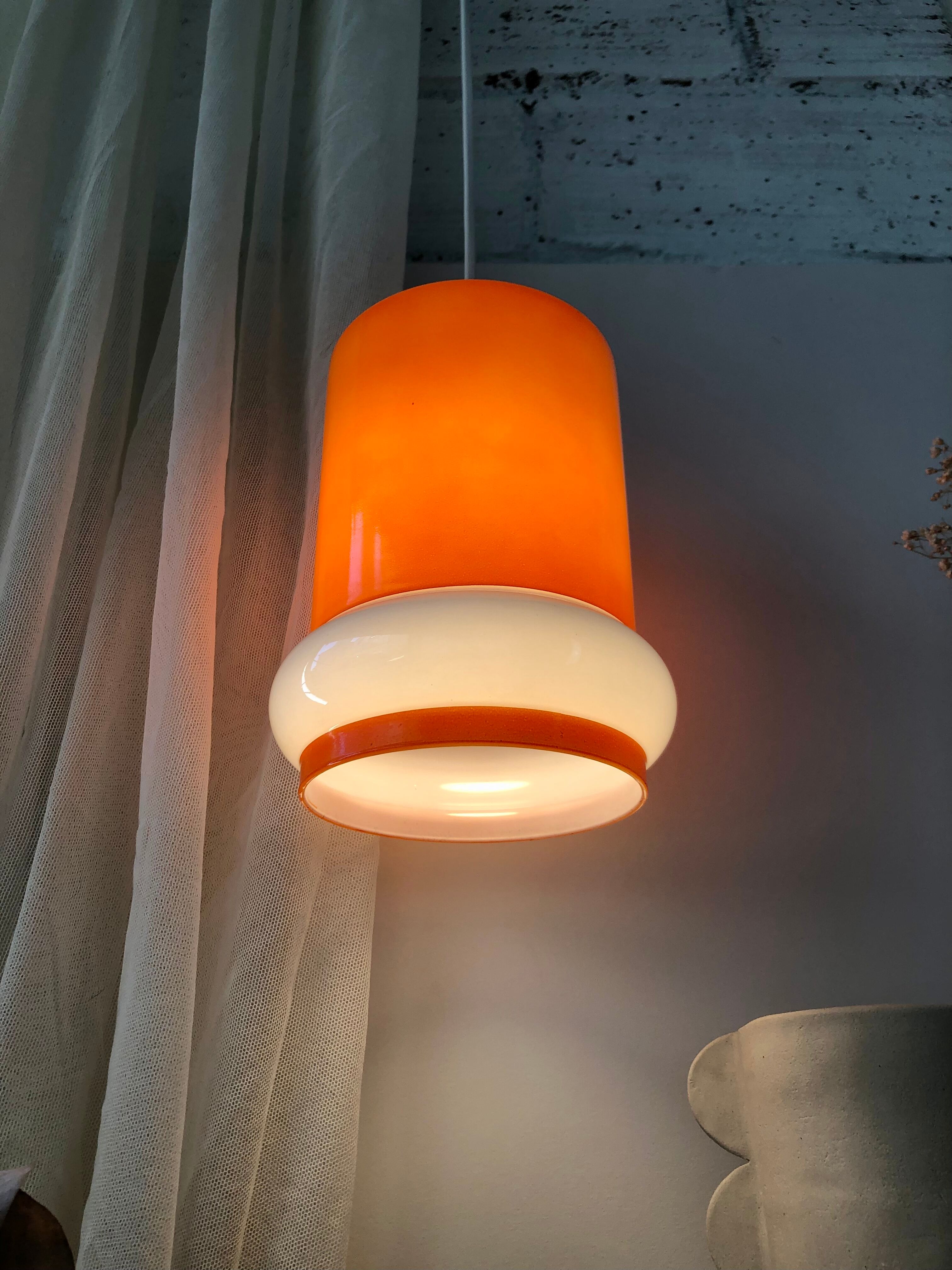 Orange & white opaline glass pendant lamp