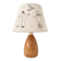 Wood-turned lamp with a hand-drawn lampshade, circus patterns.