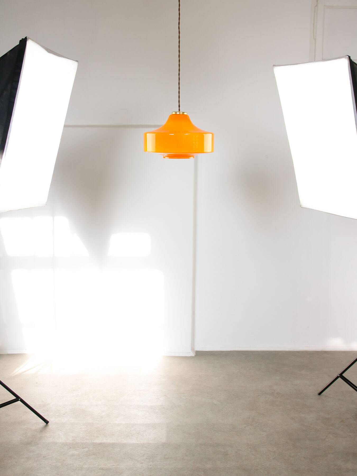Mid-Century Italian Orange Glass & Brass Pendant Lamp